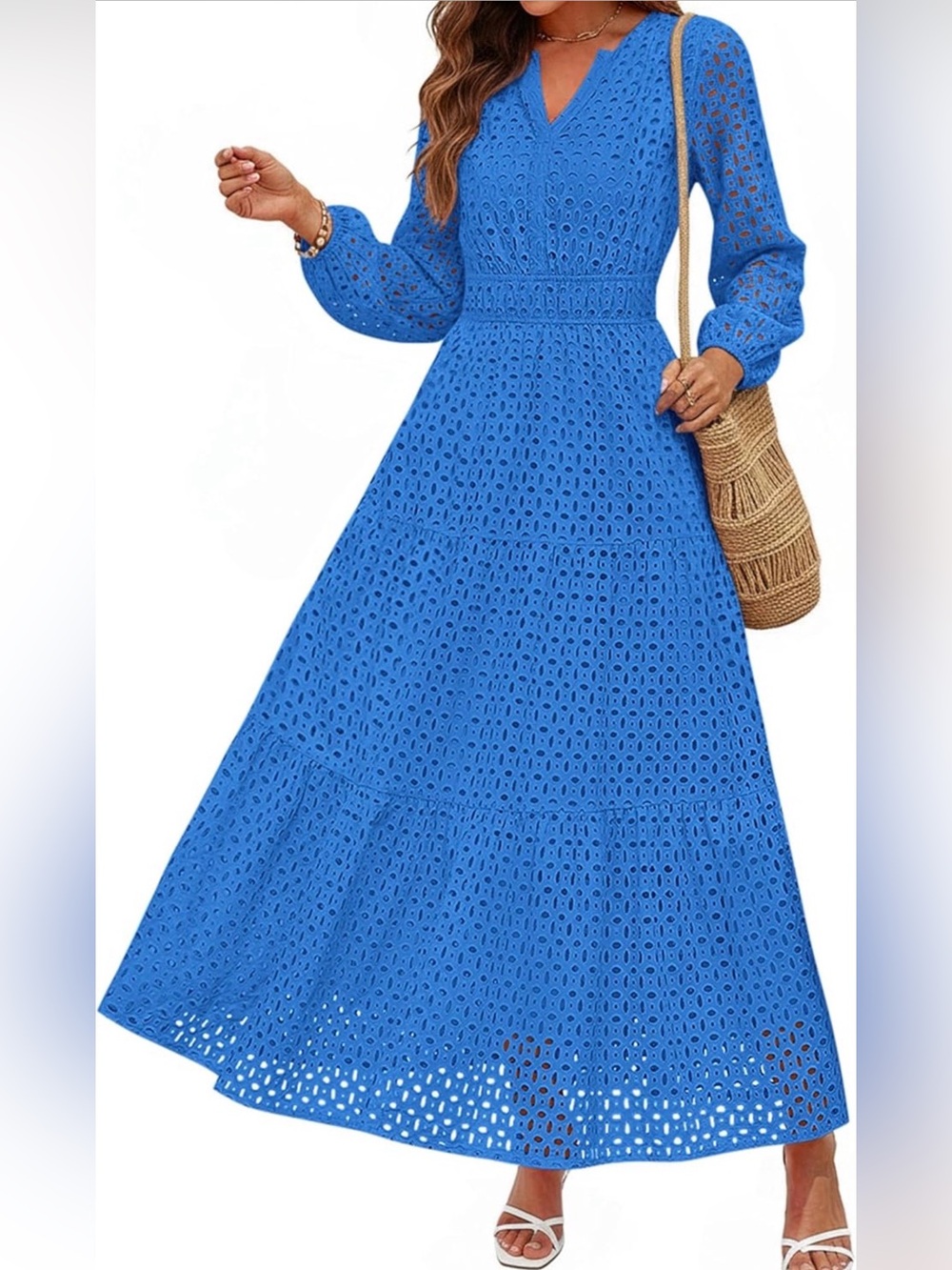 NWT! V-Neck Blue Eyelet Maxi Dress with Defined Waist